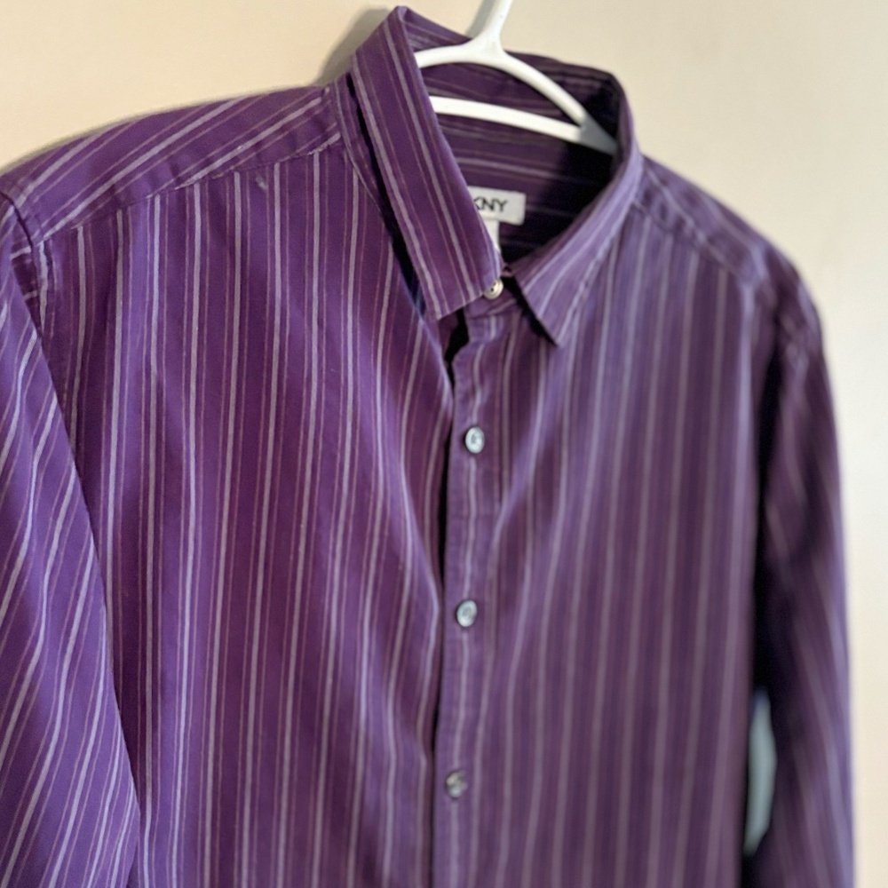 Vintage DKNY Two-Tone Purple Pinstripe Dress Shirt – Size Small, 15" Neck EUC - Picture 4 of 11